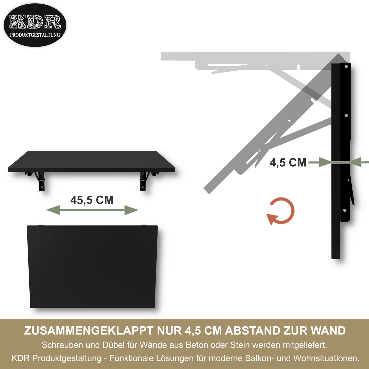 Wandklapptisch 60x40 cm Schwarz – Klapptisch, Schreibtisch, Küchentisch, Esstisch, Wandmontage, platzsparend