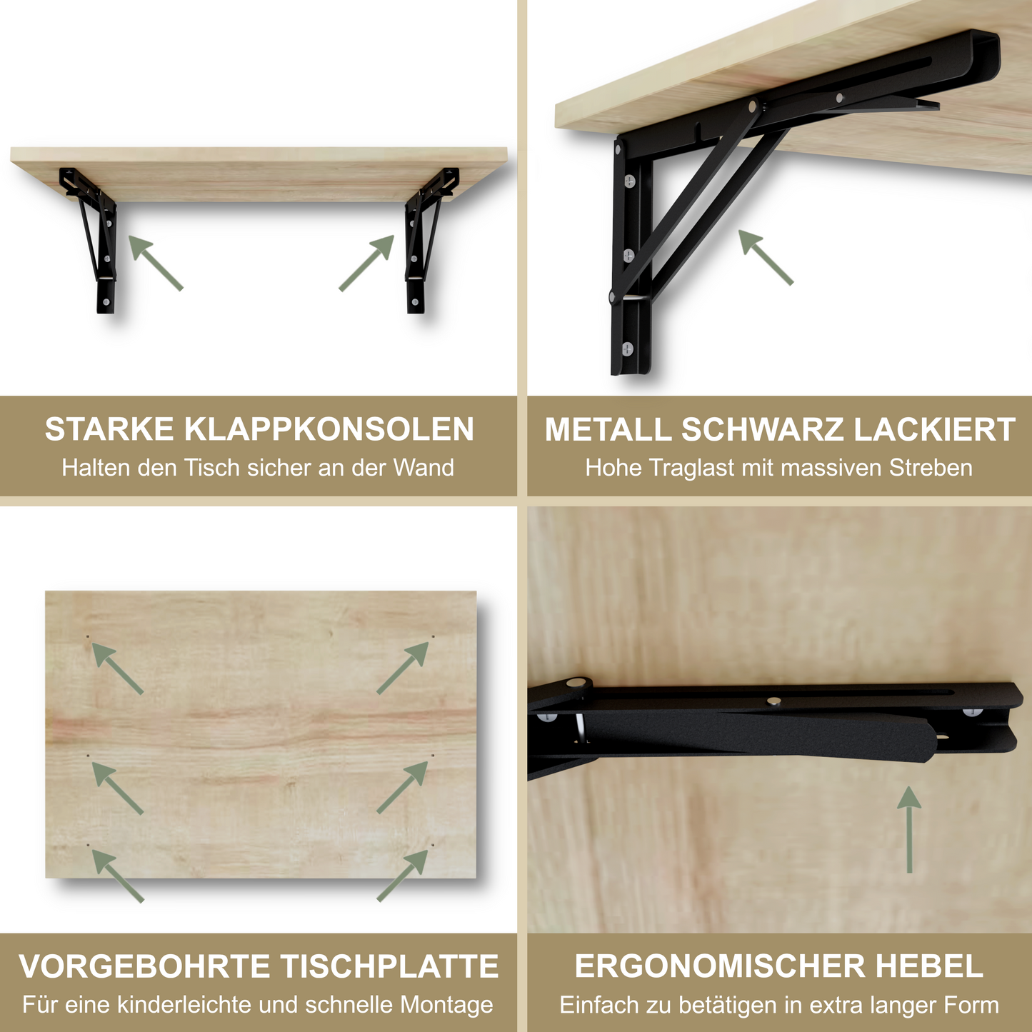 Wandklapptisch 60x40 cm Eiche – Klapptisch, Schreibtisch, Küchentisch, Esstisch, Wandmontage, platzsparend