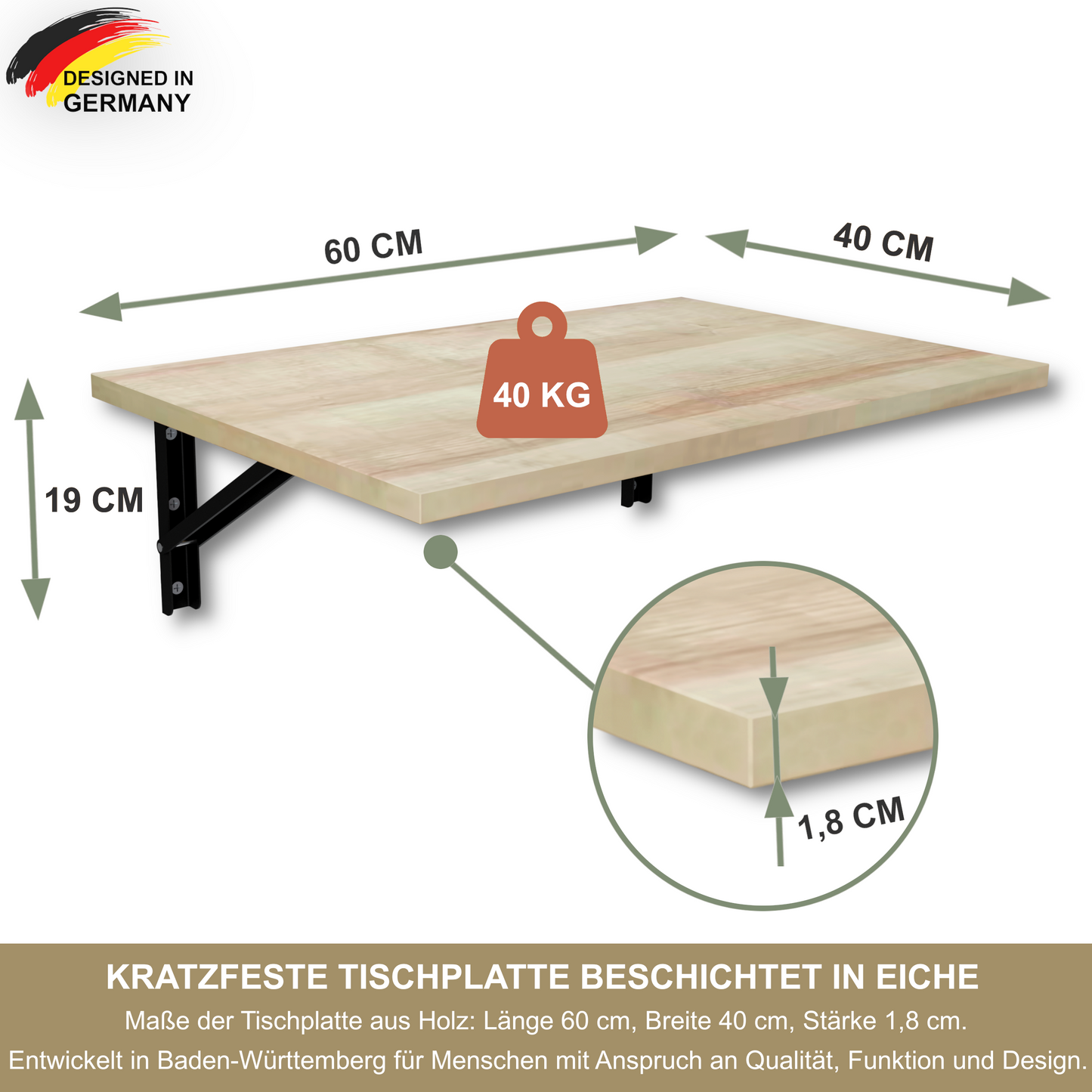 Wandklapptisch 60x40 cm Eiche – Klapptisch, Schreibtisch, Küchentisch, Esstisch, Wandmontage, platzsparend