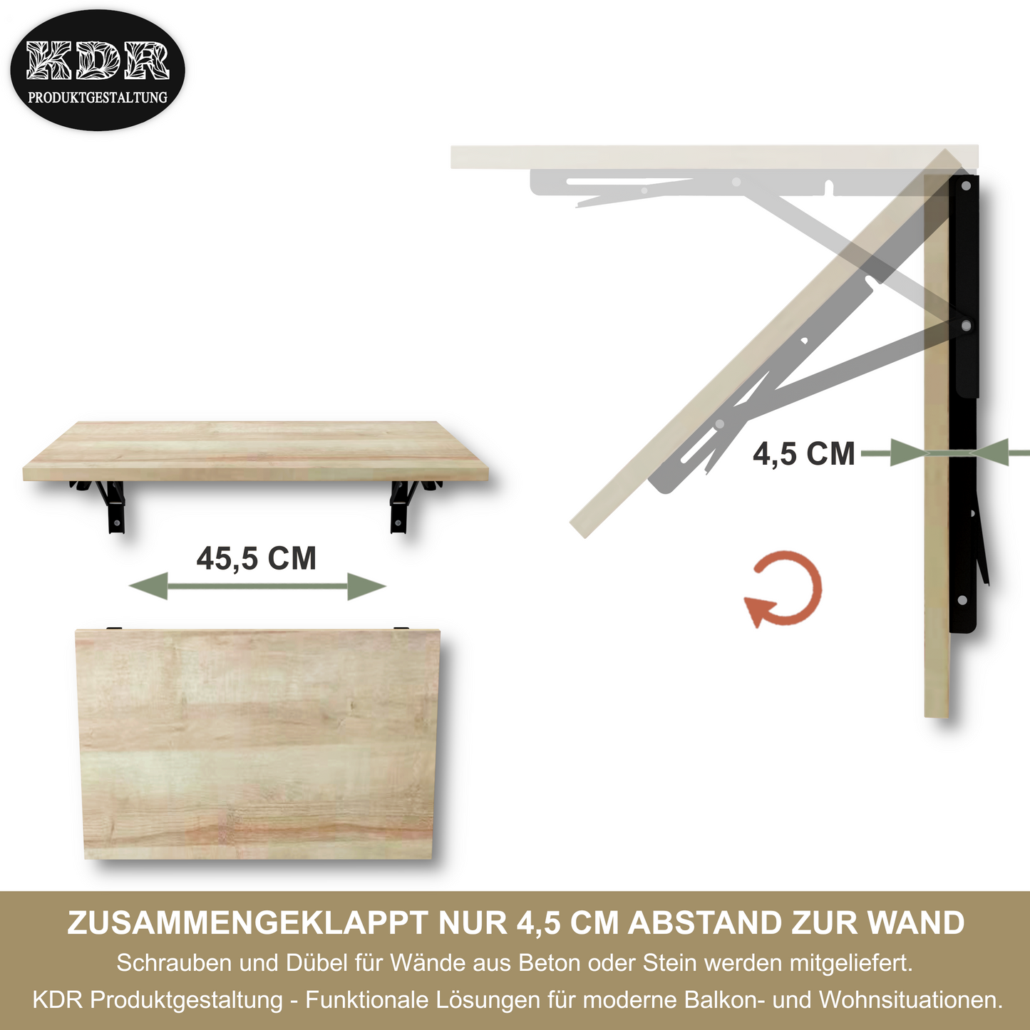 Wandklapptisch 60x40 cm Eiche – Klapptisch, Schreibtisch, Küchentisch, Esstisch, Wandmontage, platzsparend