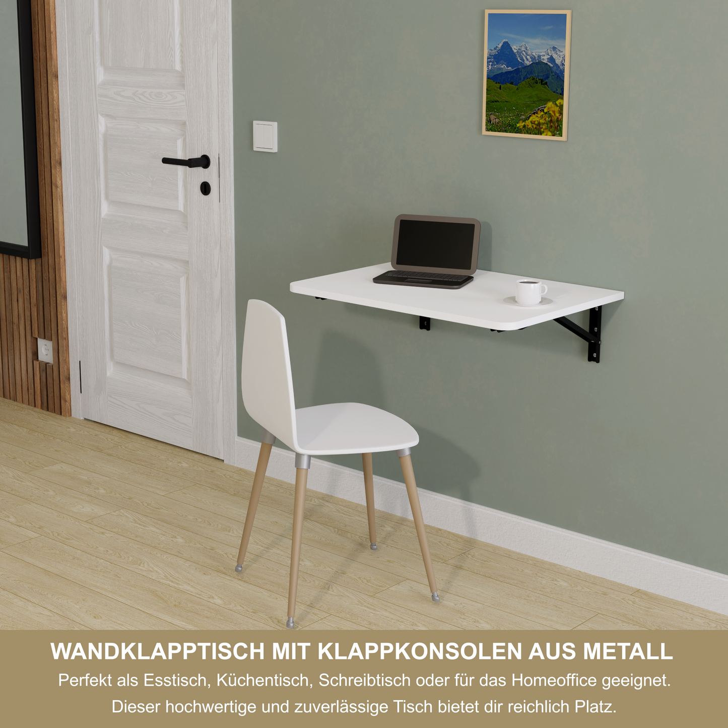 Wandklapptisch 70x50 cm Weiß – Klapptisch, Schreibtisch, Küchentisch, Esstisch, Wandmontage, platzsparend