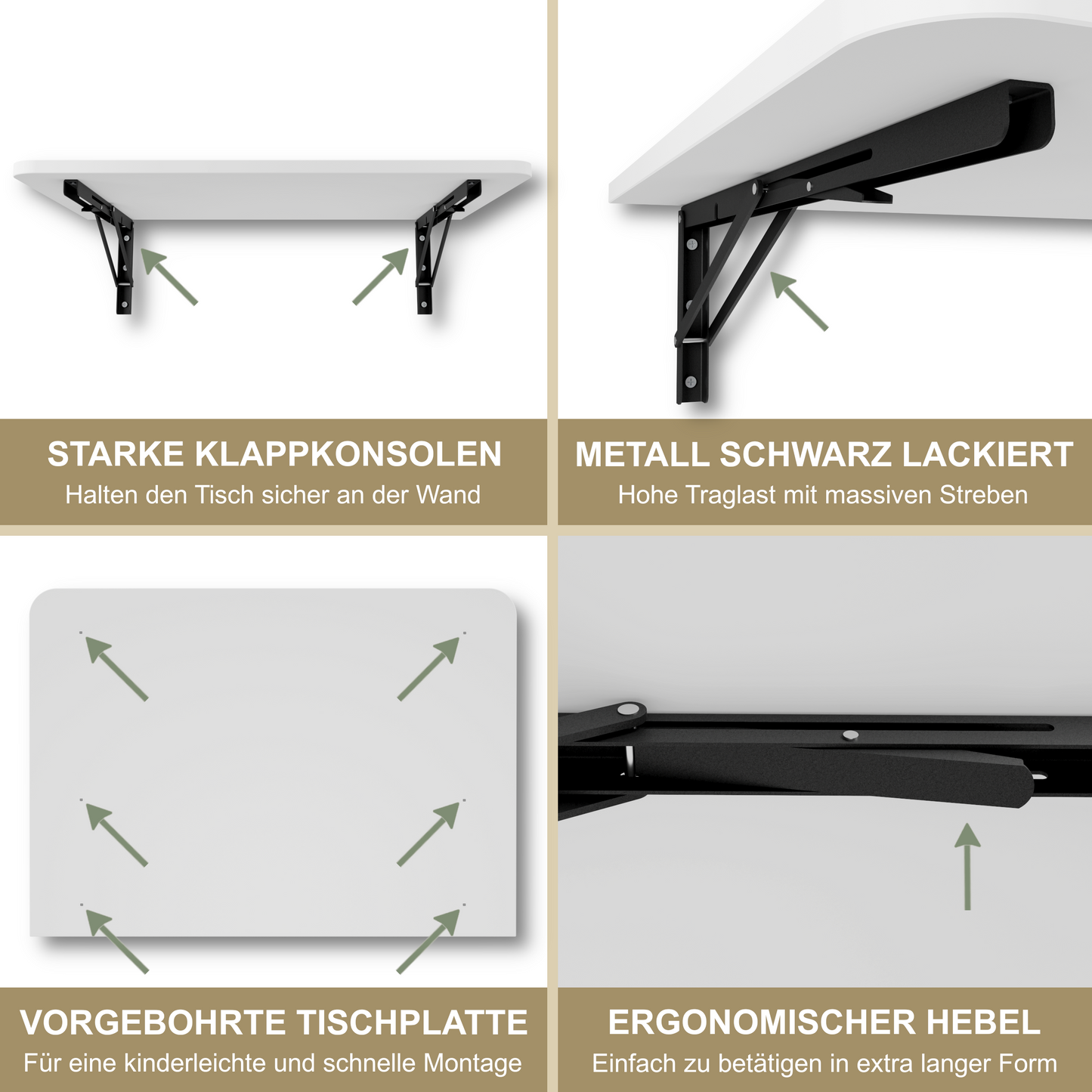 Wandklapptisch 70x50 cm Weiß – Klapptisch, Schreibtisch, Küchentisch, Esstisch, Wandmontage, platzsparend