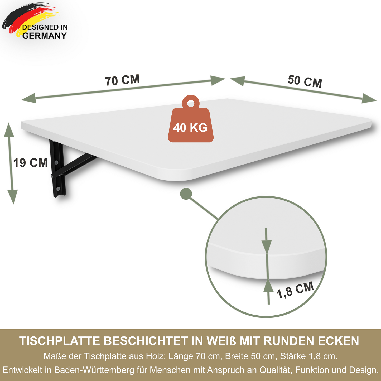 Wandklapptisch 70x50 cm Weiß – Klapptisch, Schreibtisch, Küchentisch, Esstisch, Wandmontage, platzsparend