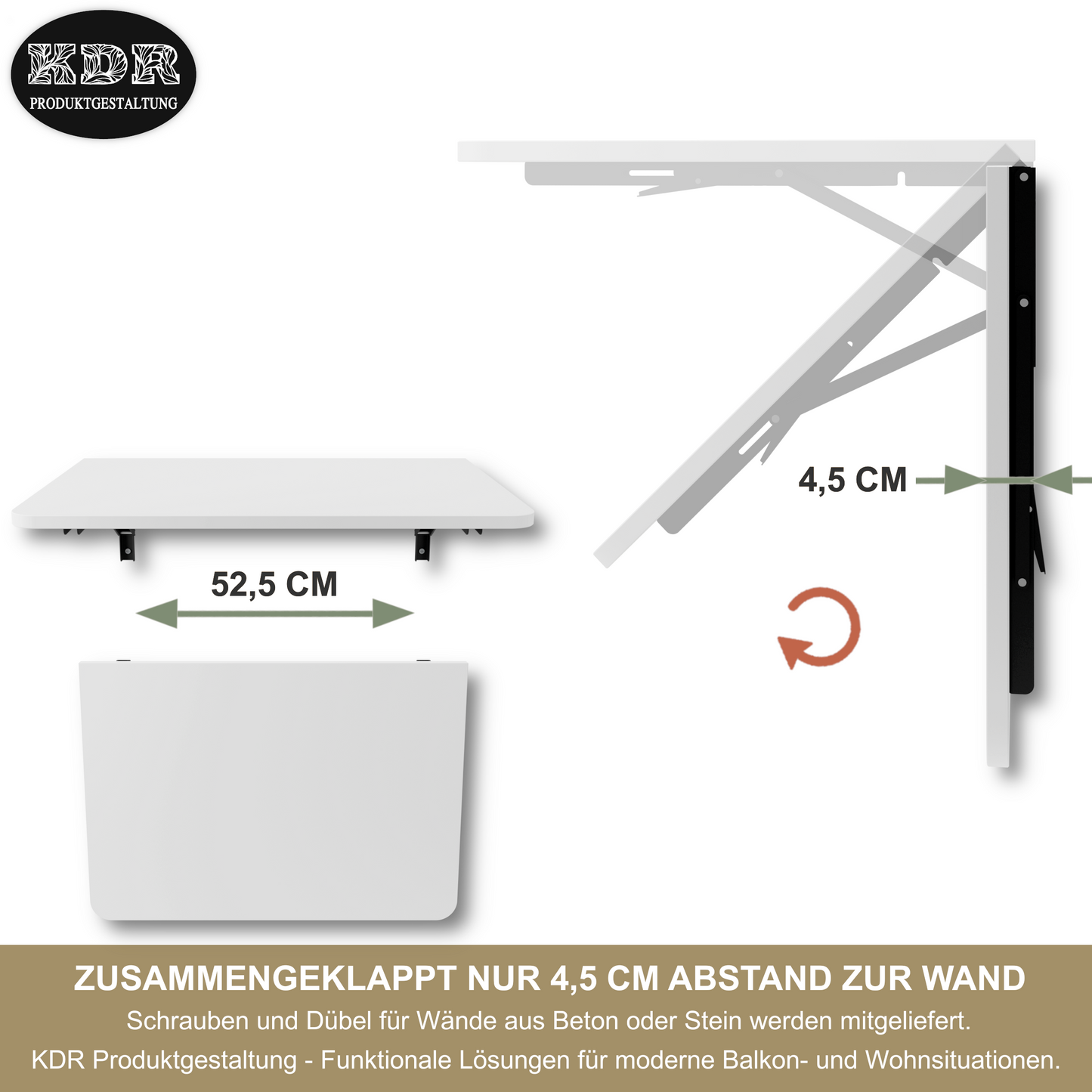 Wandklapptisch 70x50 cm Weiß – Klapptisch, Schreibtisch, Küchentisch, Esstisch, Wandmontage, platzsparend