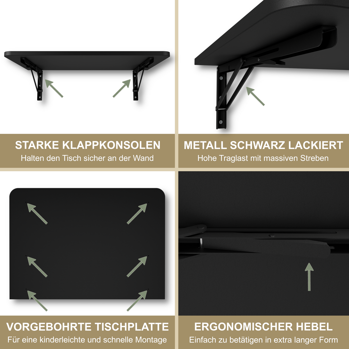 Wandklapptisch 70x50 cm Schwarz – Klapptisch, Schreibtisch, Küchentisch, Esstisch, Wandmontage, platzsparend