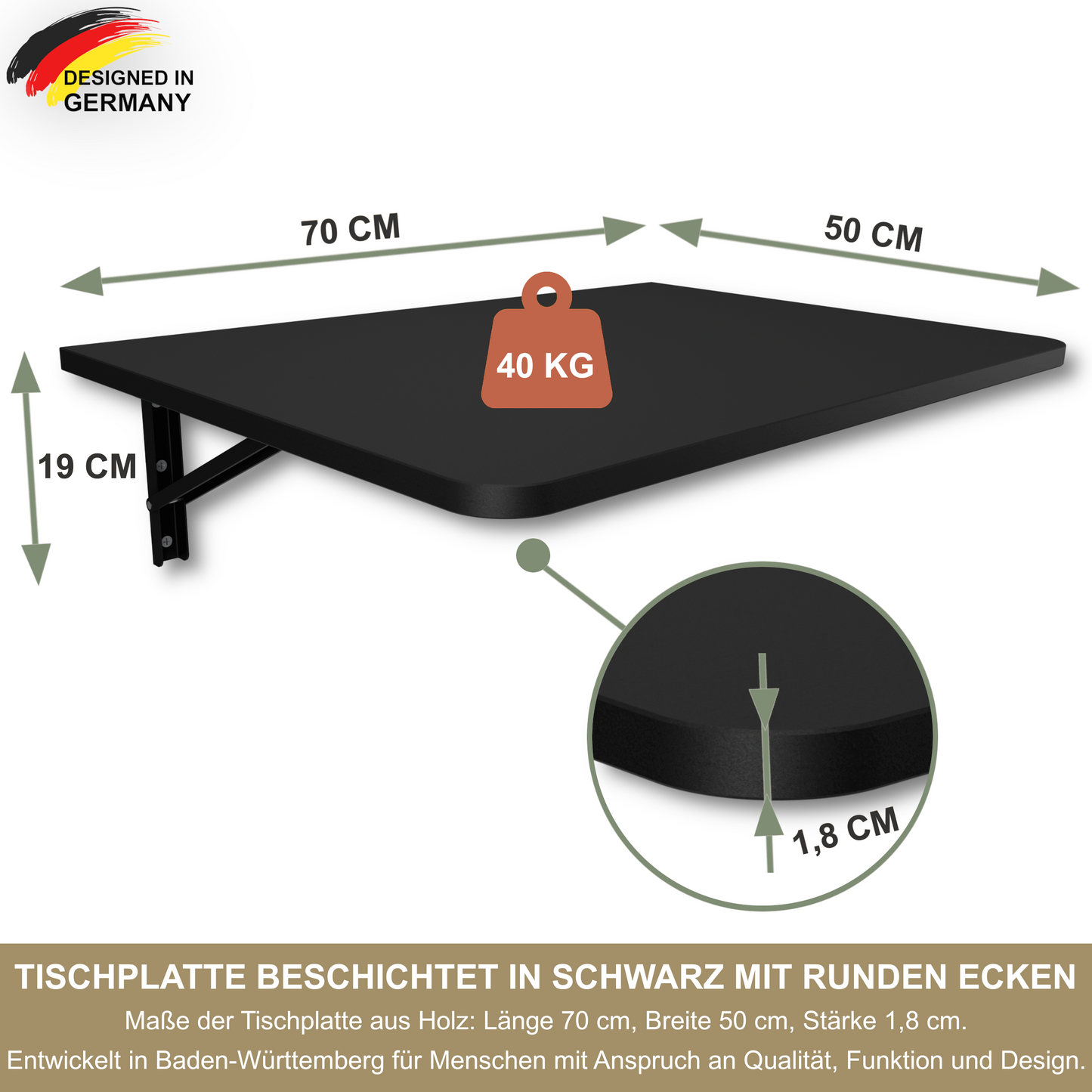 Wandklapptisch 70x50 cm Schwarz – Klapptisch, Schreibtisch, Küchentisch, Esstisch, Wandmontage, platzsparend