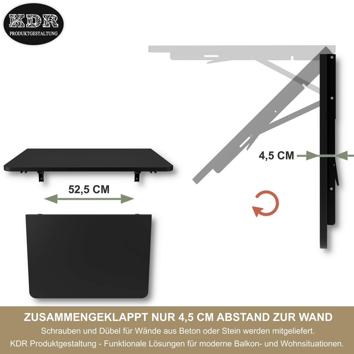 Wandklapptisch 70x50 cm Schwarz – Klapptisch, Schreibtisch, Küchentisch, Esstisch, Wandmontage, platzsparend