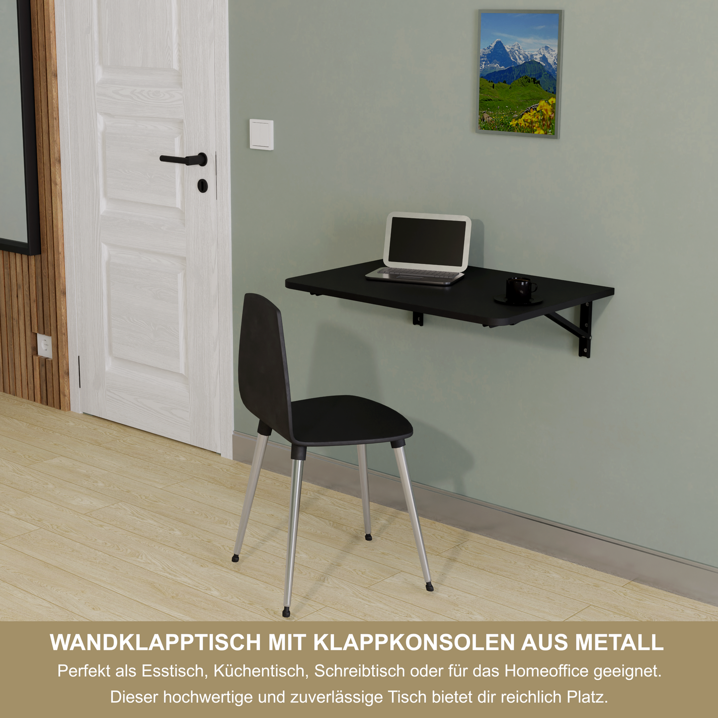 Wandklapptisch 70x50 cm Schwarz – Klapptisch, Schreibtisch, Küchentisch, Esstisch, Wandmontage, platzsparend