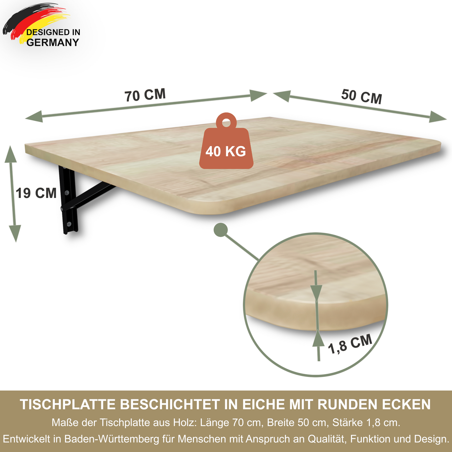 Wandklapptisch 70x50 cm Eiche – Klapptisch, Schreibtisch, Küchentisch, Esstisch, Wandmontage, platzsparend
