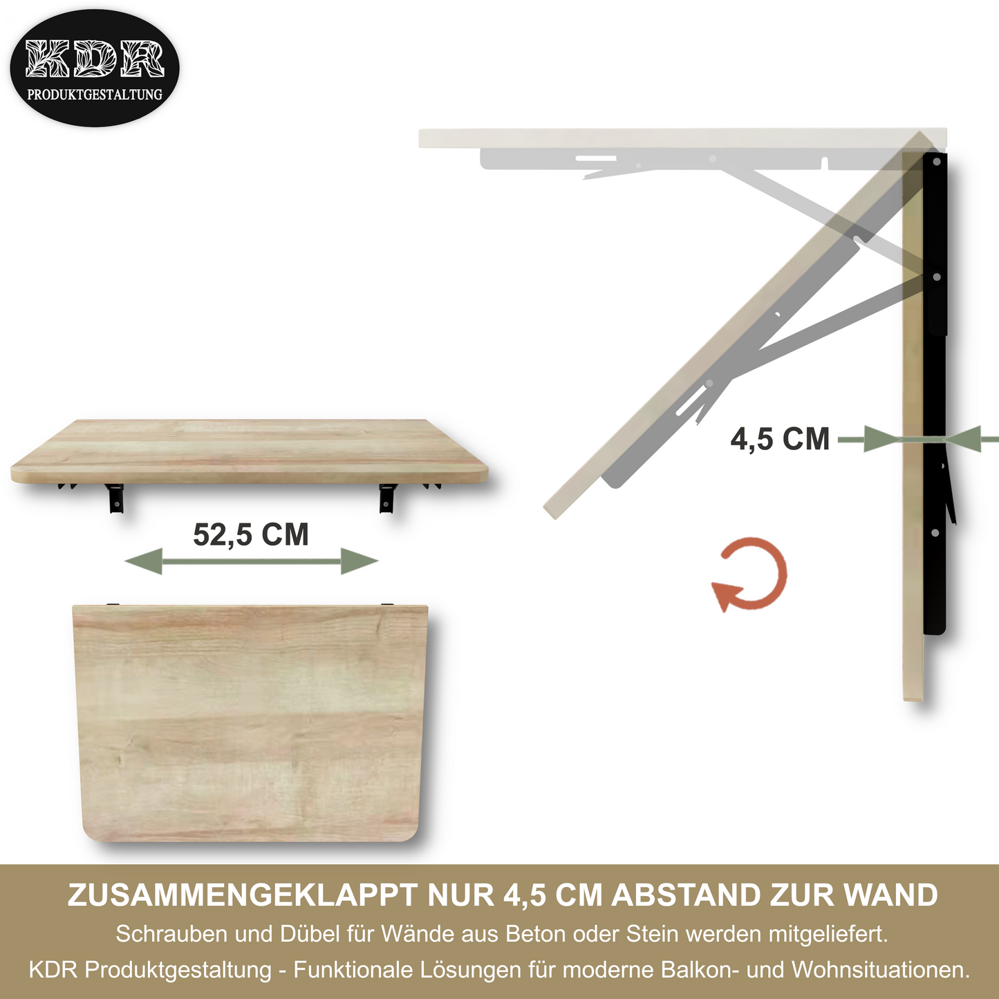Wandklapptisch 70x50 cm Eiche – Klapptisch, Schreibtisch, Küchentisch, Esstisch, Wandmontage, platzsparend