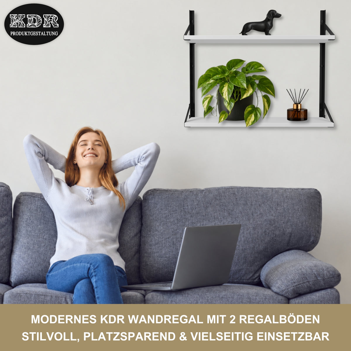 Wandregal 60 x 20 cm in Weiß – Modernes Wandschienenregal mit 2 Regalböden, bis 50 kg belastbar, höhenverstellbar und modular erweiterbar – Ideal für Wohnzimmer, Küche, Büro und Flur