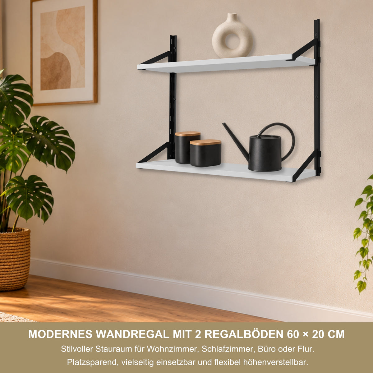 Wandregal 60 x 20 cm in Weiß – Modernes Wandschienenregal mit 2 Regalböden, bis 50 kg belastbar, höhenverstellbar und modular erweiterbar – Ideal für Wohnzimmer, Küche, Büro und Flur