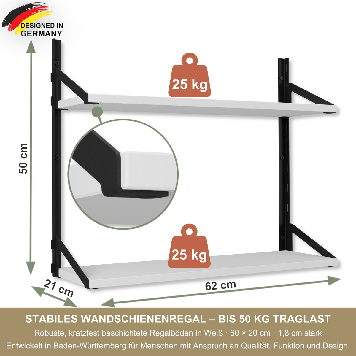 Wandregal 60 x 20 cm in Weiß – Modernes Wandschienenregal mit 2 Regalböden, bis 50 kg belastbar, höhenverstellbar und modular erweiterbar – Ideal für Wohnzimmer, Küche, Büro und Flur
