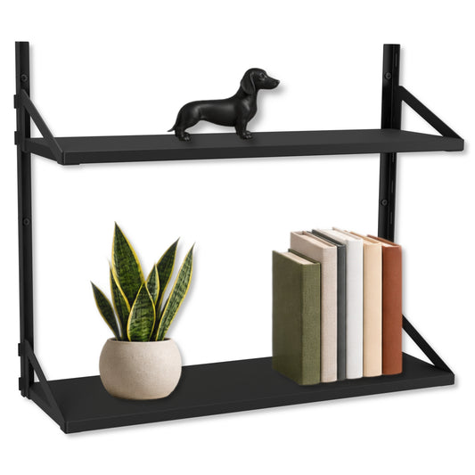 Wandregal 60 x 20 cm in Schwarz – Modernes Wandschienenregal mit 2 Regalböden, bis 50 kg belastbar, höhenverstellbar und modular erweiterbar – Ideal für Wohnzimmer, Küche, Büro und Flur