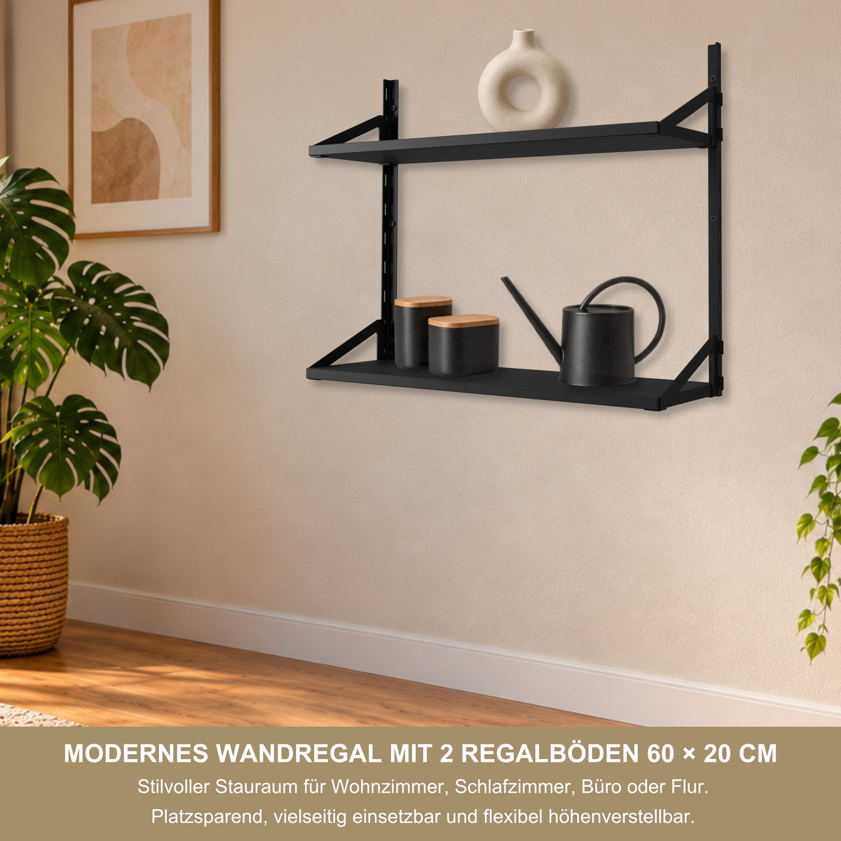 Wandregal 60 x 20 cm in Schwarz – Modernes Wandschienenregal mit 2 Regalböden, bis 50 kg belastbar, höhenverstellbar und modular erweiterbar – Ideal für Wohnzimmer, Küche, Büro und Flur