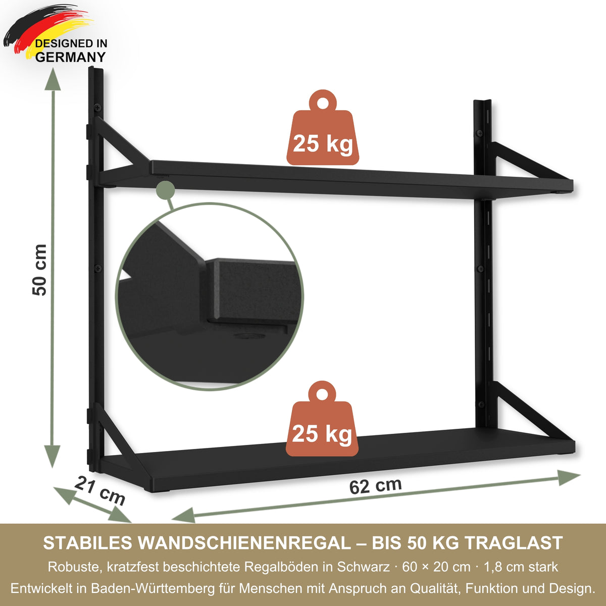 Wandregal 60 x 20 cm in Schwarz – Modernes Wandschienenregal mit 2 Regalböden, bis 50 kg belastbar, höhenverstellbar und modular erweiterbar – Ideal für Wohnzimmer, Küche, Büro und Flur