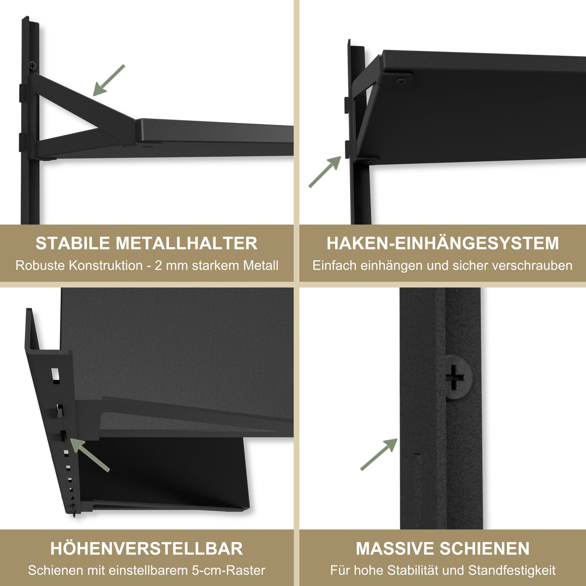 Wandregal 60 x 20 cm in Schwarz – Modernes Wandschienenregal mit 2 Regalböden, bis 50 kg belastbar, höhenverstellbar und modular erweiterbar – Ideal für Wohnzimmer, Küche, Büro und Flur