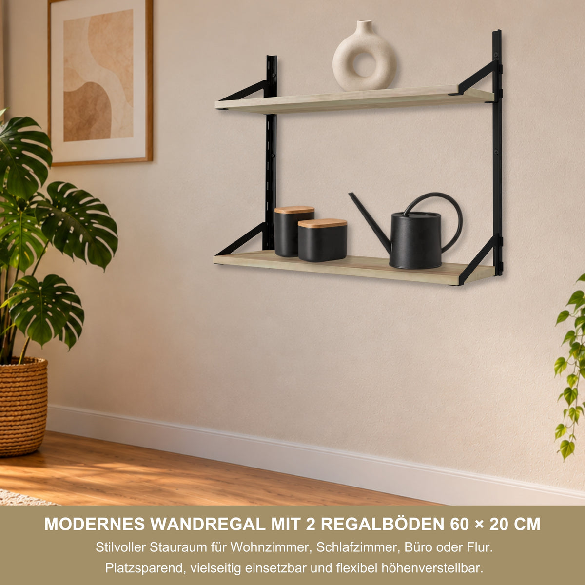 Wandregal 60 x 20 cm in Eiche – Modernes Wandschienenregal mit 2 Regalböden, bis 50 kg belastbar, höhenverstellbar und modular erweiterbar – Ideal für Wohnzimmer, Küche, Büro und Flur