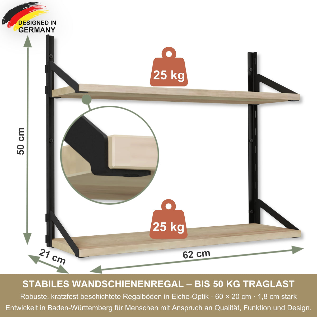 Wandregal 60 x 20 cm in Eiche – Modernes Wandschienenregal mit 2 Regalböden, bis 50 kg belastbar, höhenverstellbar und modular erweiterbar – Ideal für Wohnzimmer, Küche, Büro und Flur