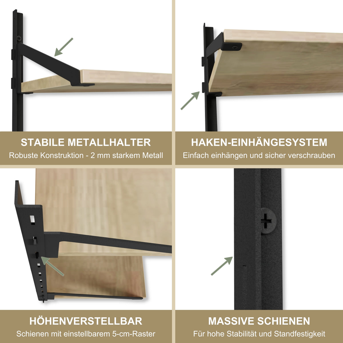 Wandregal 60 x 20 cm in Eiche – Modernes Wandschienenregal mit 2 Regalböden, bis 50 kg belastbar, höhenverstellbar und modular erweiterbar – Ideal für Wohnzimmer, Küche, Büro und Flur