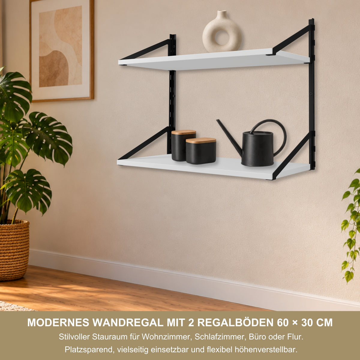 Wandregal 60 x 30 cm in Weiß – Modernes Wandschienenregal mit 2 Regalböden, bis 50 kg belastbar, höhenverstellbar und modular erweiterbar – Ideal für Wohnzimmer, Küche, Büro und Flur