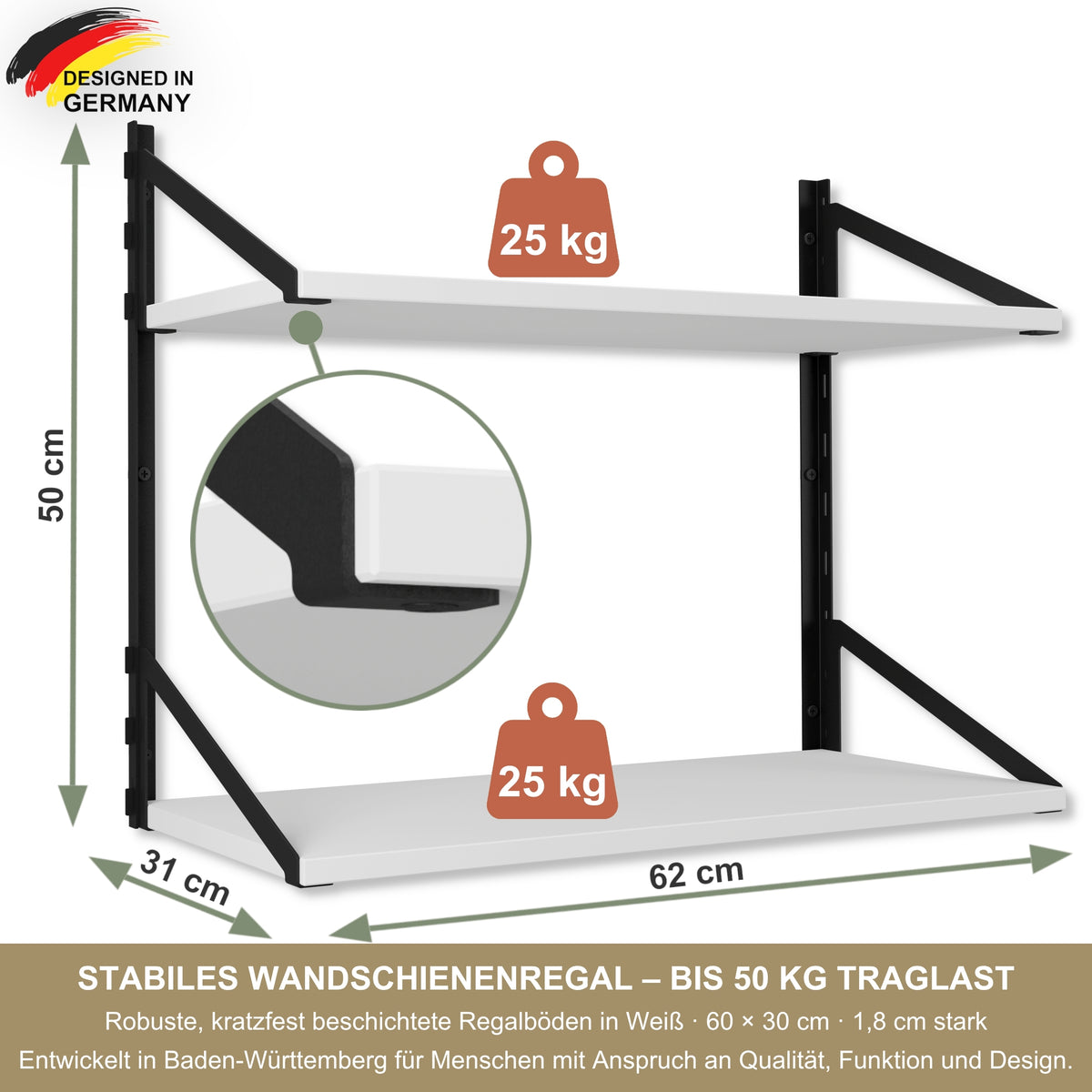 Wandregal 60 x 30 cm in Weiß – Modernes Wandschienenregal mit 2 Regalböden, bis 50 kg belastbar, höhenverstellbar und modular erweiterbar – Ideal für Wohnzimmer, Küche, Büro und Flur