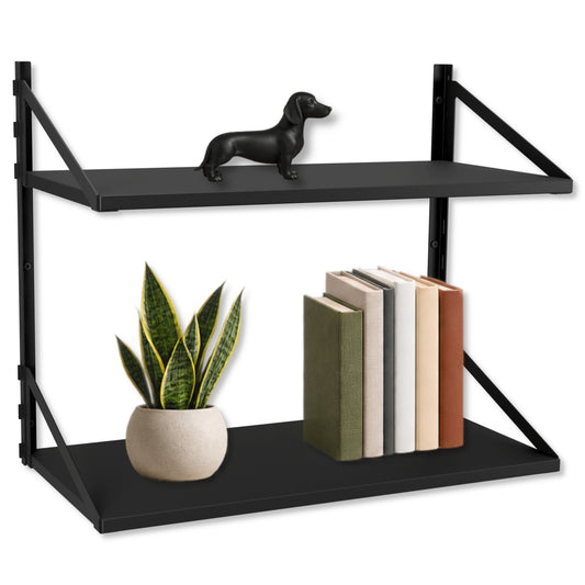 Wandregal 60 x 30 cm in Schwarz – Modernes Wandschienenregal mit 2 Regalböden, bis 50 kg belastbar, höhenverstellbar und modular erweiterbar – Ideal für Wohnzimmer, Küche, Büro und Flur