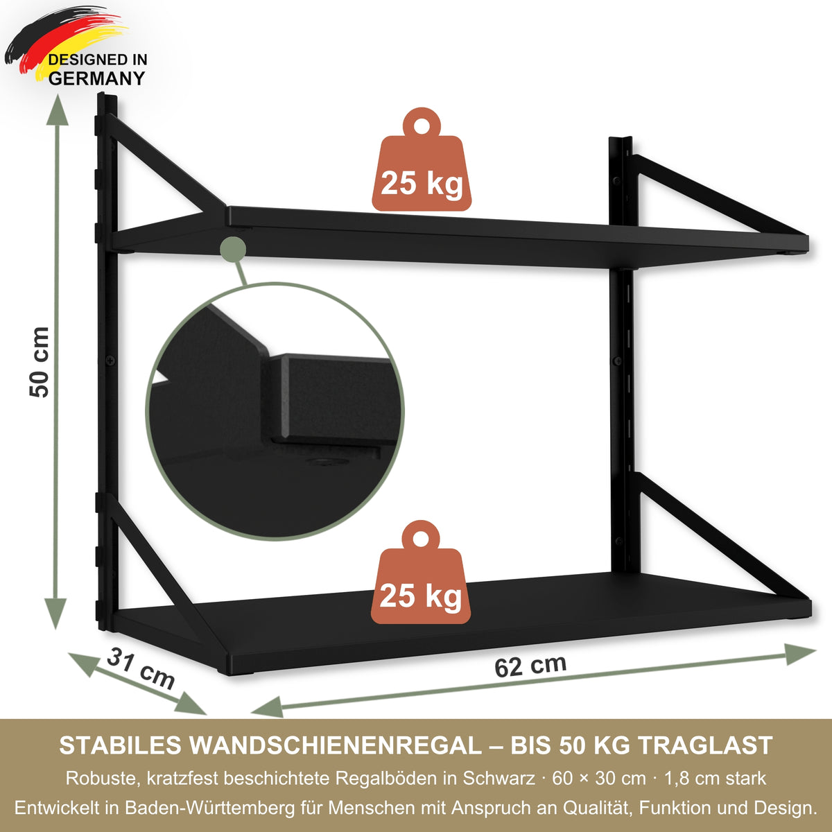 Wandregal 60 x 30 cm in Schwarz – Modernes Wandschienenregal mit 2 Regalböden, bis 50 kg belastbar, höhenverstellbar und modular erweiterbar – Ideal für Wohnzimmer, Küche, Büro und Flur