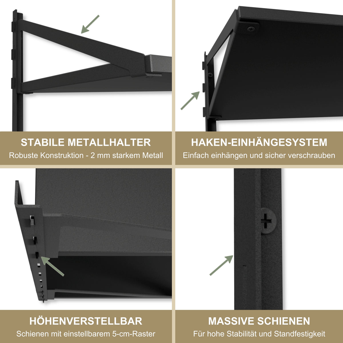 Wandregal 60 x 30 cm in Schwarz – Modernes Wandschienenregal mit 2 Regalböden, bis 50 kg belastbar, höhenverstellbar und modular erweiterbar – Ideal für Wohnzimmer, Küche, Büro und Flur