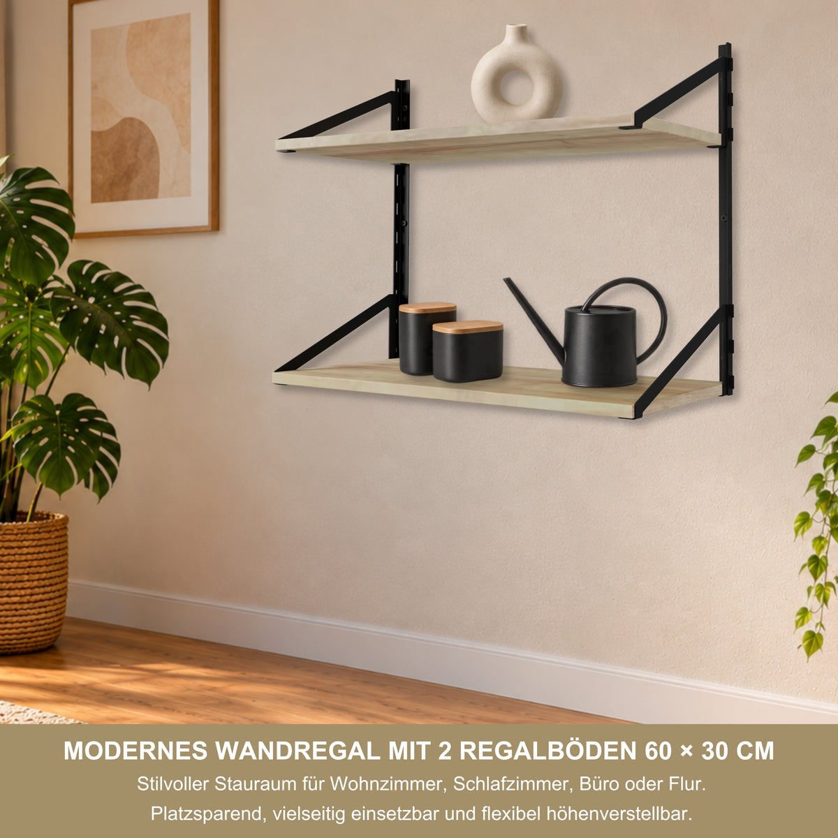 Wandregal 60 x 30 cm in Eiche – Modernes Wandschienenregal mit 2 Regalböden, bis 50 kg belastbar, höhenverstellbar und modular erweiterbar – Ideal für Wohnzimmer, Küche, Büro und Flur