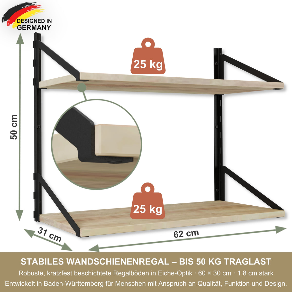 Wandregal 60 x 30 cm in Eiche – Modernes Wandschienenregal mit 2 Regalböden, bis 50 kg belastbar, höhenverstellbar und modular erweiterbar – Ideal für Wohnzimmer, Küche, Büro und Flur