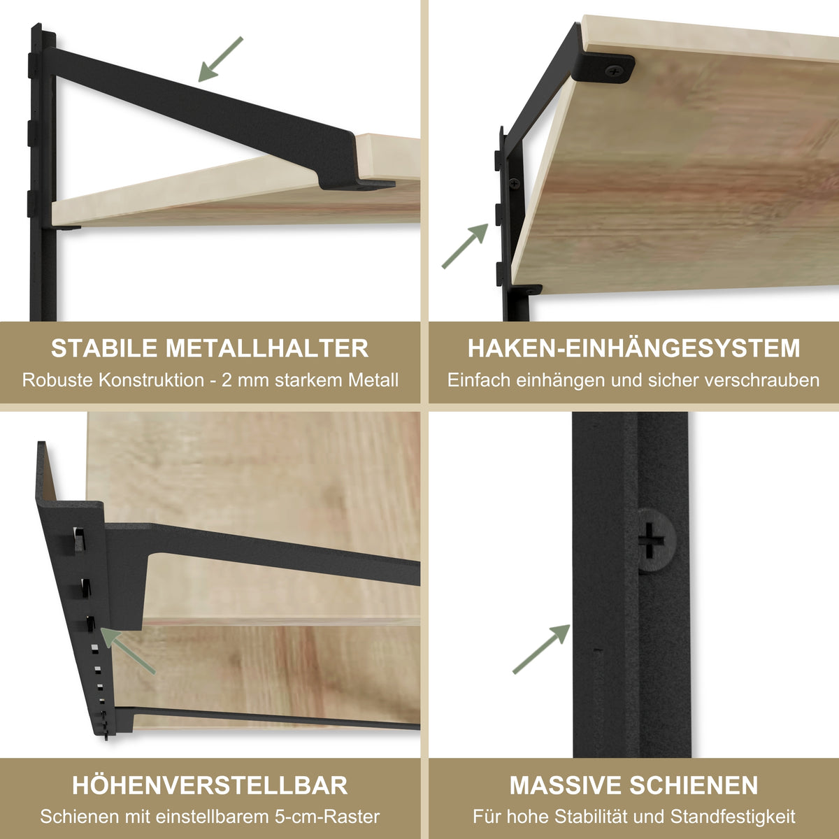 Wandregal 60 x 30 cm in Eiche – Modernes Wandschienenregal mit 2 Regalböden, bis 50 kg belastbar, höhenverstellbar und modular erweiterbar – Ideal für Wohnzimmer, Küche, Büro und Flur
