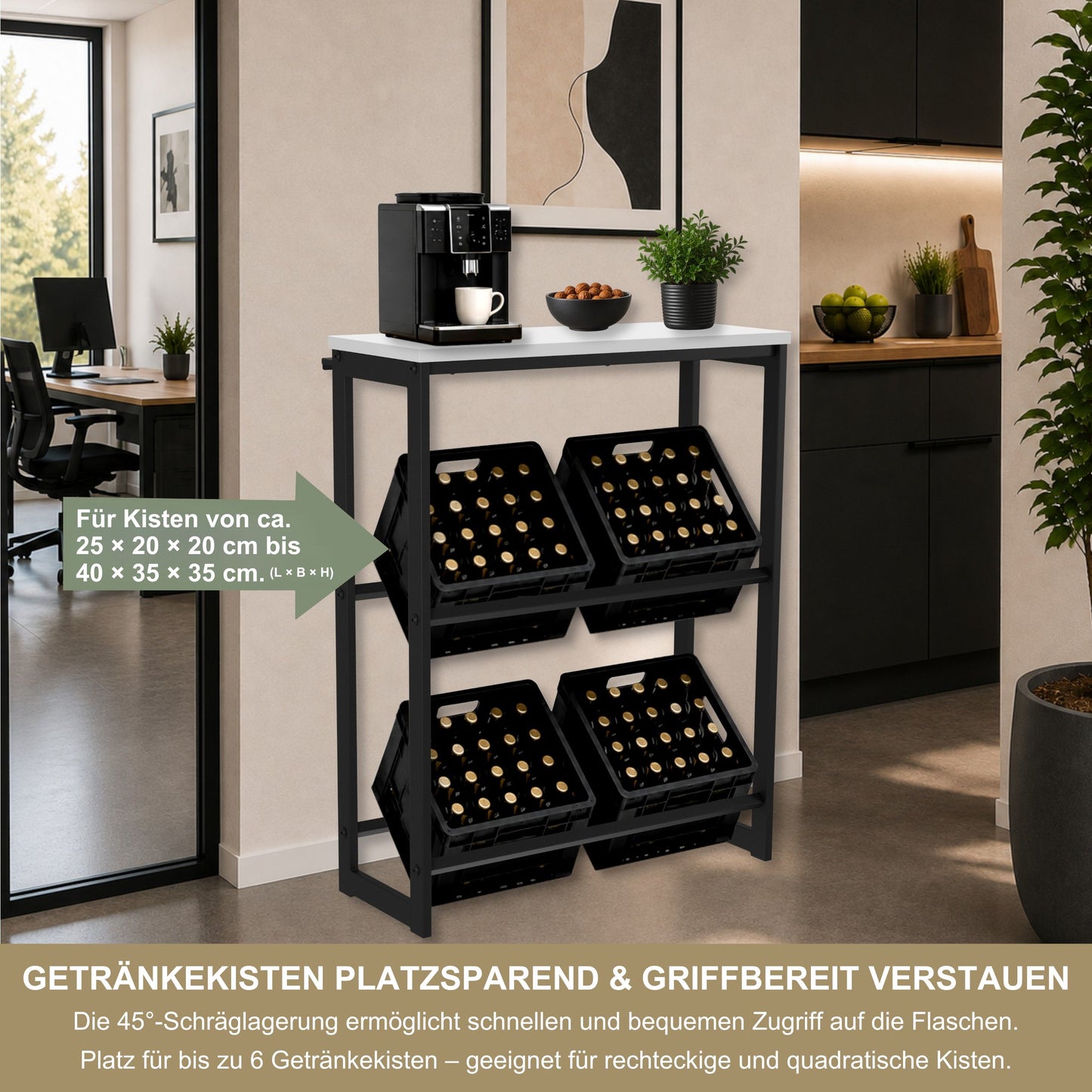 Getränkekistenregal mit Ablage in Weiß – Kistenregal für Getränkekisten, Wasserkisten & Bierkisten – bis 260 kg Traglast – 90 × 35 × 115 cm
