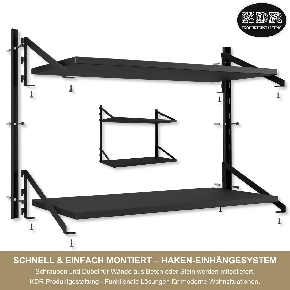 Wandregal 60 x 30 cm in Schwarz – Modernes Wandschienenregal mit 2 Regalböden, bis 50 kg belastbar, höhenverstellbar und modular erweiterbar – Ideal für Wohnzimmer, Küche, Büro und Flur