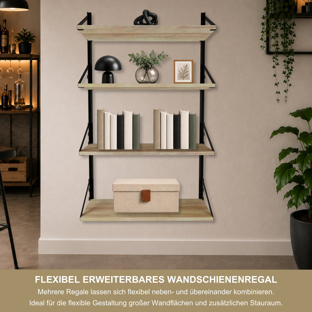 Wandregal 60 x 30 cm in Eiche – Modernes Wandschienenregal mit 2 Regalböden, bis 50 kg belastbar, höhenverstellbar und modular erweiterbar – Ideal für Wohnzimmer, Küche, Büro und Flur