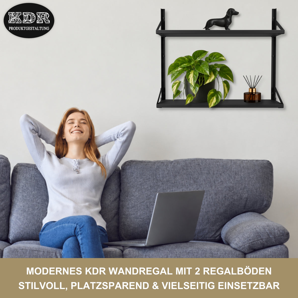 Wandregal 60 x 20 cm in Schwarz – Modernes Wandschienenregal mit 2 Regalböden, bis 50 kg belastbar, höhenverstellbar und modular erweiterbar – Ideal für Wohnzimmer, Küche, Büro und Flur
