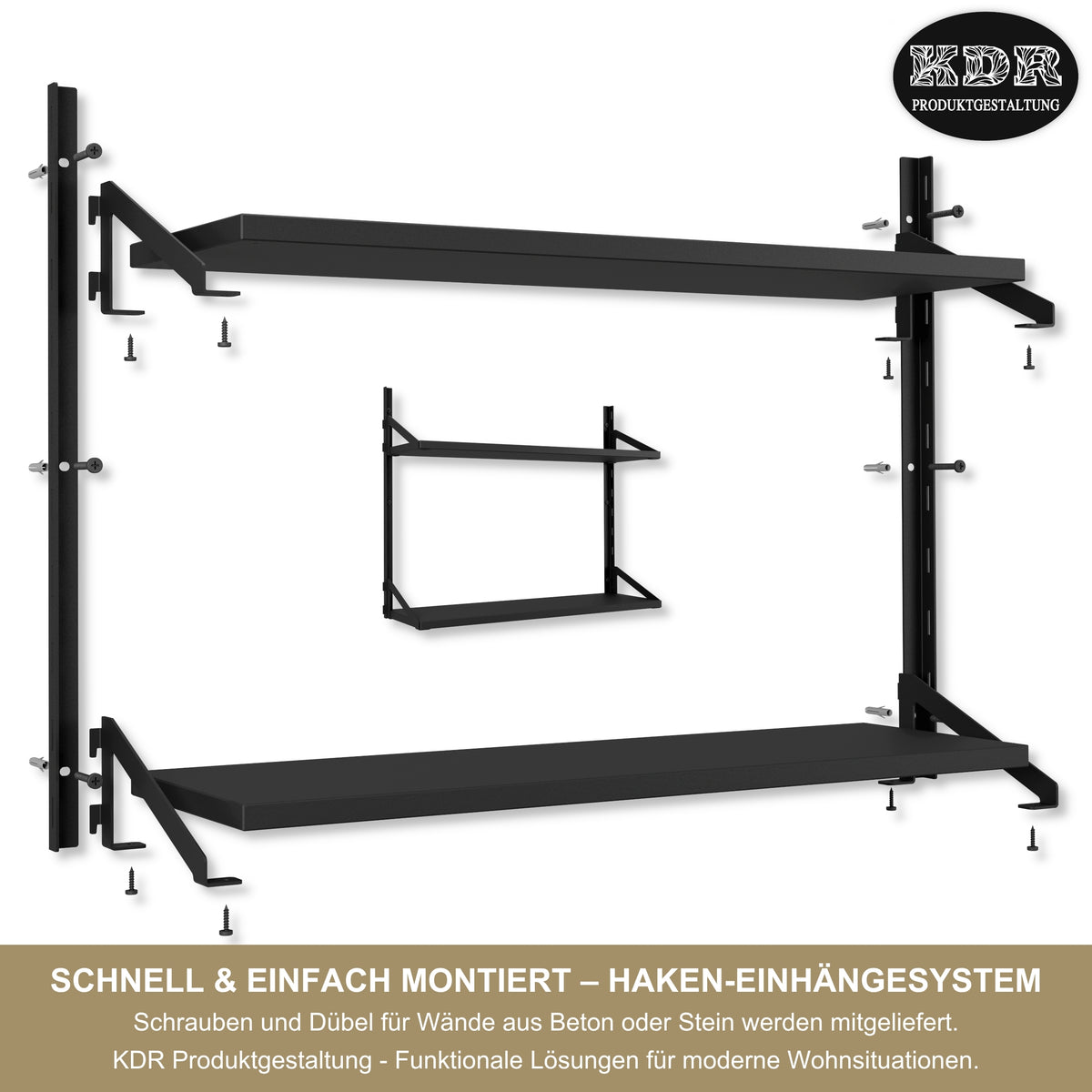 Wandregal 60 x 20 cm in Schwarz – Modernes Wandschienenregal mit 2 Regalböden, bis 50 kg belastbar, höhenverstellbar und modular erweiterbar – Ideal für Wohnzimmer, Küche, Büro und Flur