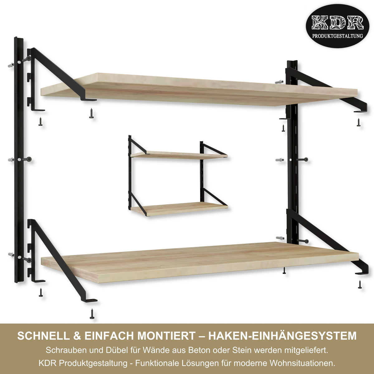 Wandregal 60 x 30 cm in Eiche – Modernes Wandschienenregal mit 2 Regalböden, bis 50 kg belastbar, höhenverstellbar und modular erweiterbar – Ideal für Wohnzimmer, Küche, Büro und Flur