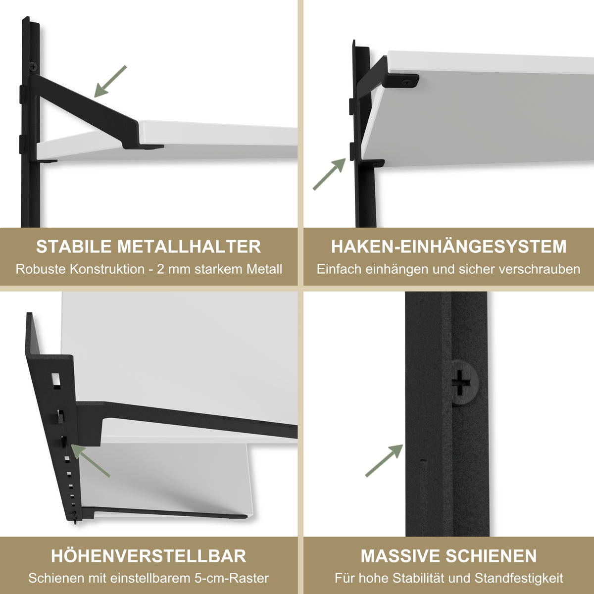 Wandregal 60 x 20 cm in Weiß – Modernes Wandschienenregal mit 2 Regalböden, bis 50 kg belastbar, höhenverstellbar und modular erweiterbar – Ideal für Wohnzimmer, Küche, Büro und Flur