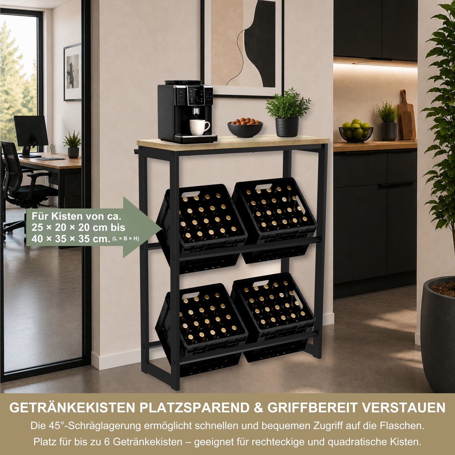 Getränkekistenregal mit Ablage in Eiche – Kistenregal für Getränkekisten, Wasserkisten & Bierkisten – bis 260 kg Traglast – 90 × 35 × 115 cm