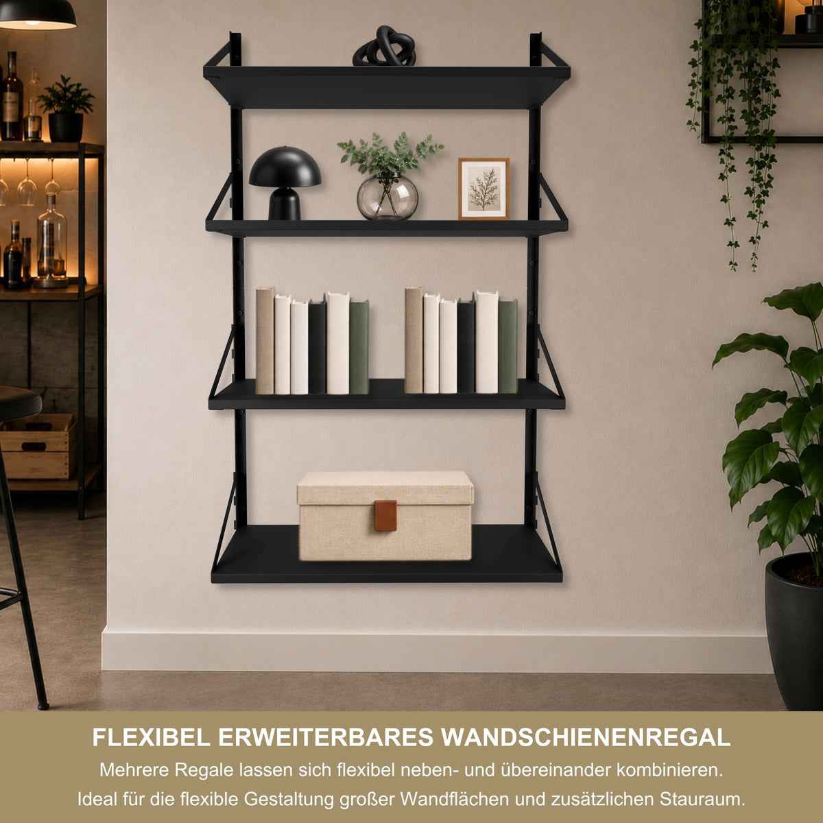 Wandregal 60 x 30 cm in Schwarz – Modernes Wandschienenregal mit 2 Regalböden, bis 50 kg belastbar, höhenverstellbar und modular erweiterbar – Ideal für Wohnzimmer, Küche, Büro und Flur