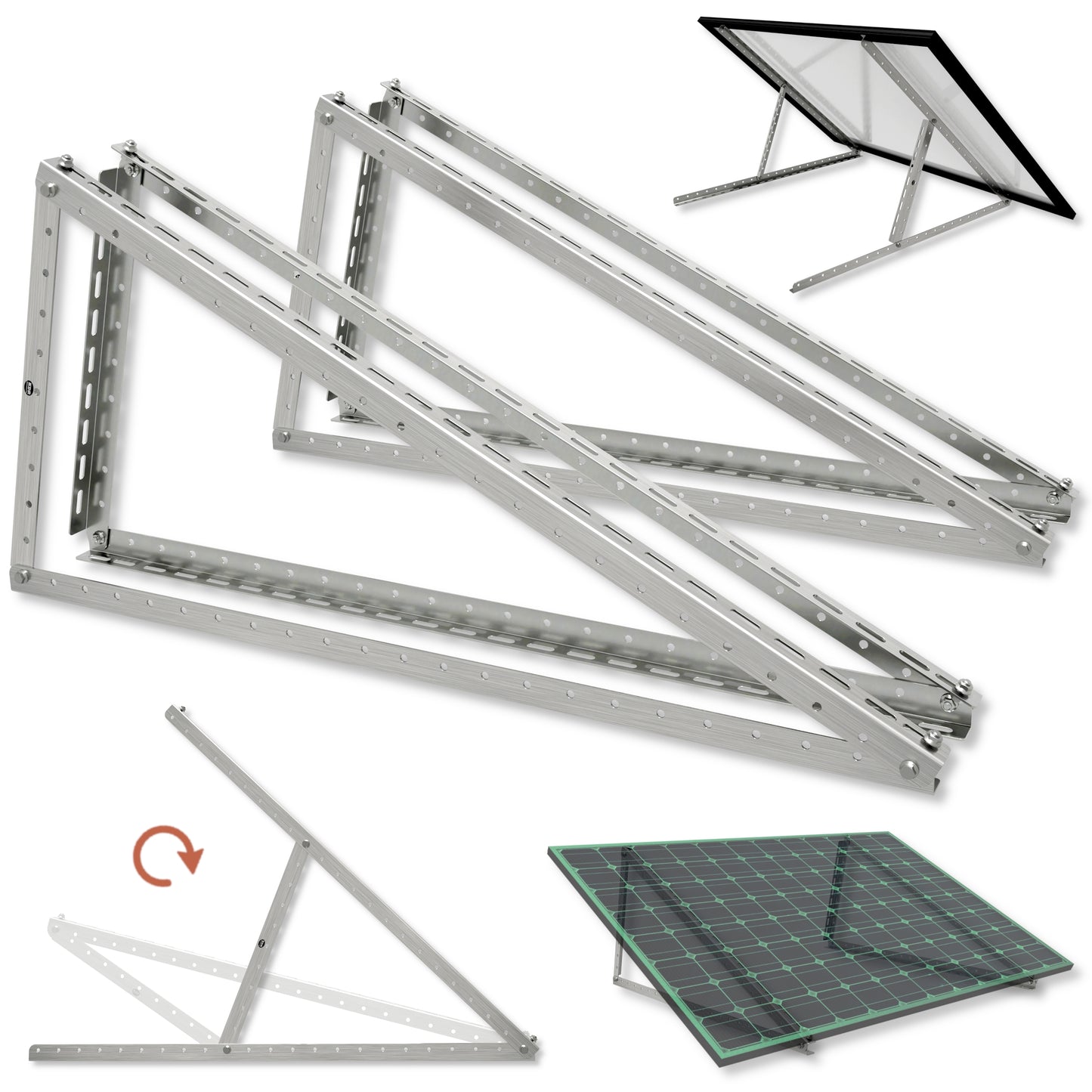 2er-Set Halterung Solarmodul Edelstahl K320 geschliffen außen – 2,5 mm stark – verstellbar 0-45° – PV Halter Balkon Wand Flachdach – für Solarmodule bis 2 m²