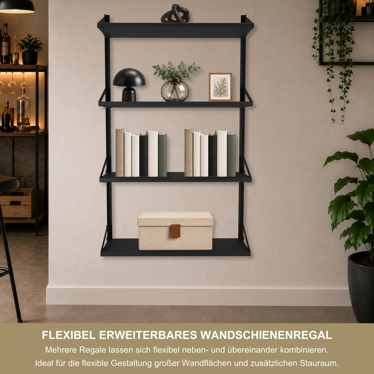 Wandregal 60 x 20 cm in Schwarz – Modernes Wandschienenregal mit 2 Regalböden, bis 50 kg belastbar, höhenverstellbar und modular erweiterbar – Ideal für Wohnzimmer, Küche, Büro und Flur