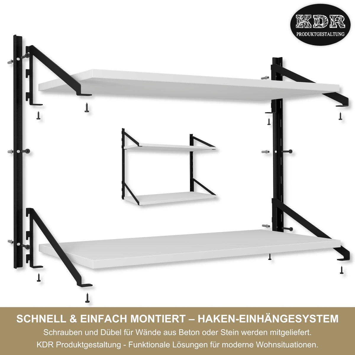 Wandregal 60 x 30 cm in Weiß – Modernes Wandschienenregal mit 2 Regalböden, bis 50 kg belastbar, höhenverstellbar und modular erweiterbar – Ideal für Wohnzimmer, Küche, Büro und Flur