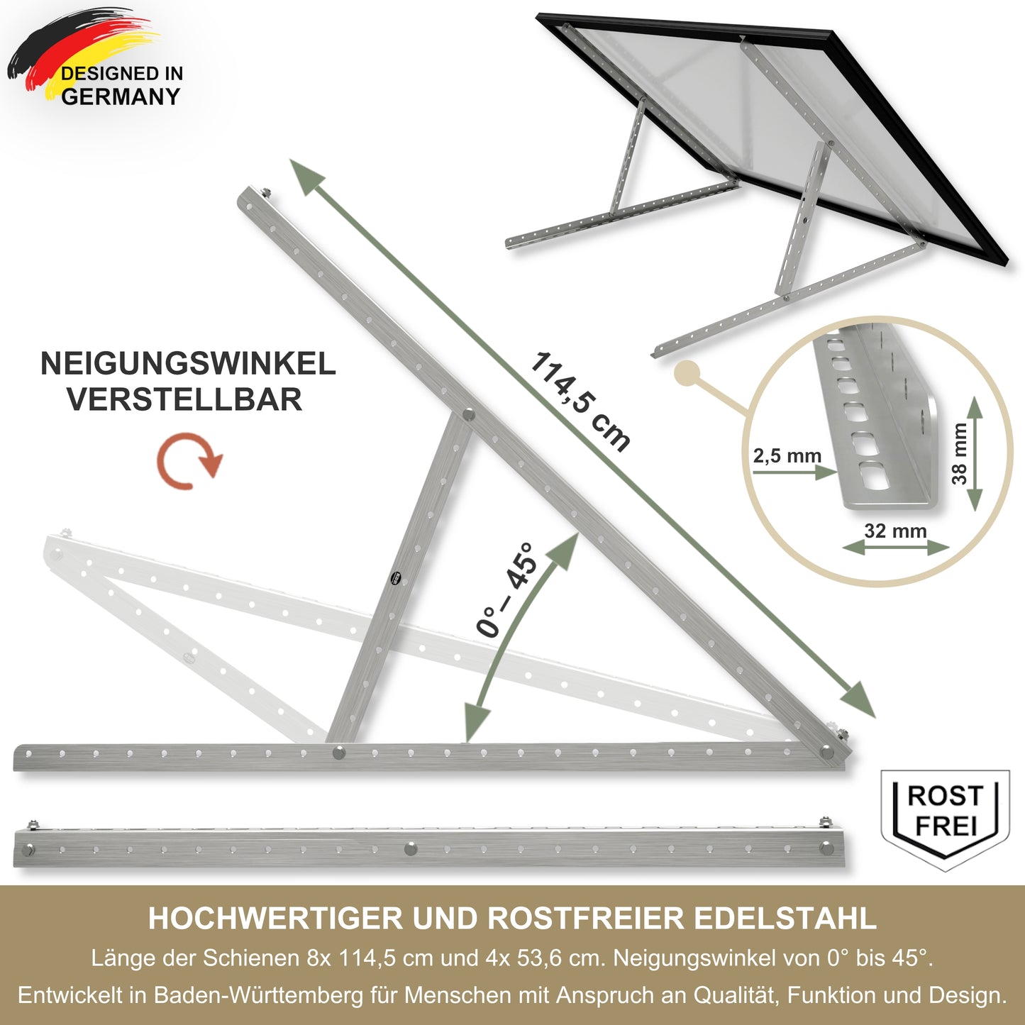 2er-Set Halterung Solarmodul Edelstahl K320 geschliffen außen – 2,5 mm stark – verstellbar 0-45° – PV Halter Balkon Wand Flachdach – für Solarmodule bis 2 m²
