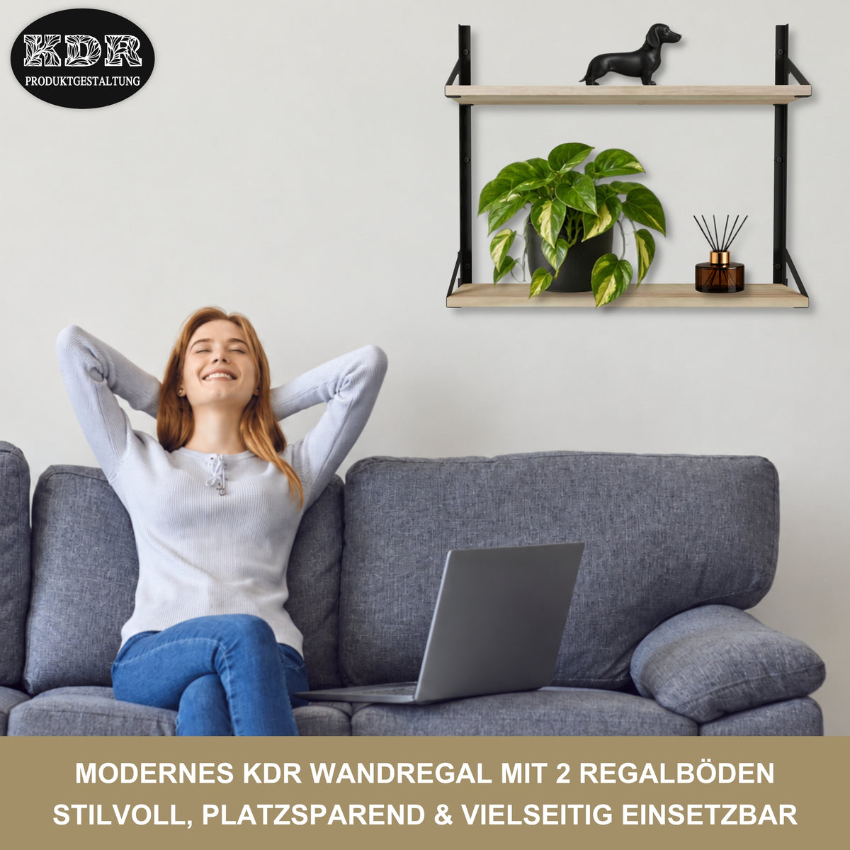 Wandregal 60 x 20 cm in Eiche – Modernes Wandschienenregal mit 2 Regalböden, bis 50 kg belastbar, höhenverstellbar und modular erweiterbar – Ideal für Wohnzimmer, Küche, Büro und Flur