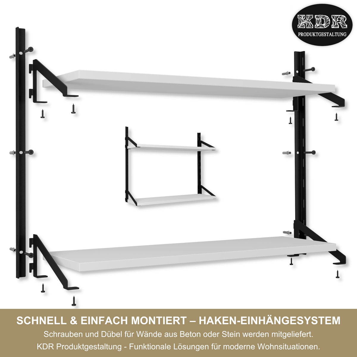 Wandregal 60 x 20 cm in Weiß – Modernes Wandschienenregal mit 2 Regalböden, bis 50 kg belastbar, höhenverstellbar und modular erweiterbar – Ideal für Wohnzimmer, Küche, Büro und Flur