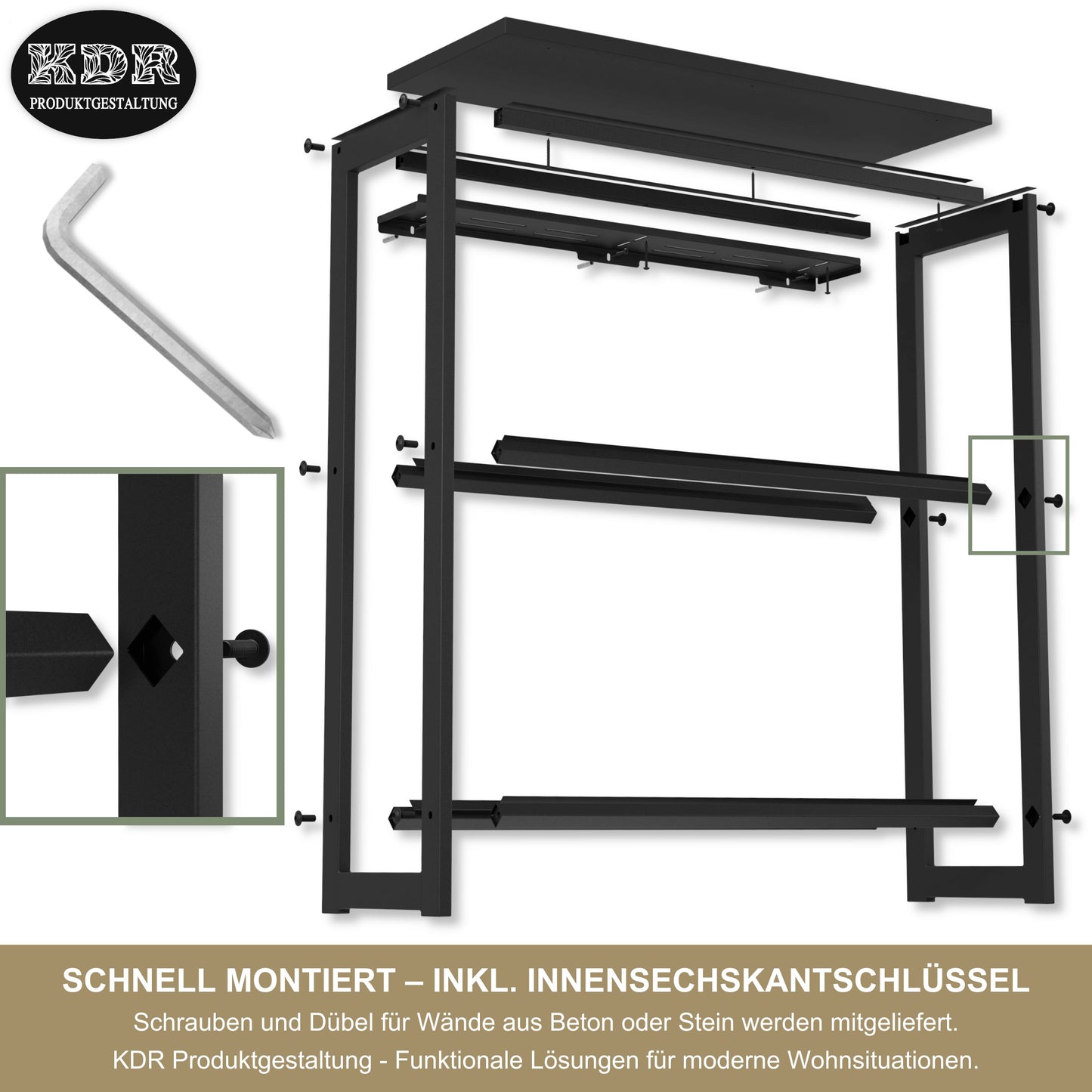 Getränkekistenregal mit Ablage in Schwarz – Kistenregal für Getränkekisten, Wasserkisten & Bierkisten – bis 260 kg Traglast – 90 × 35 × 115 cm