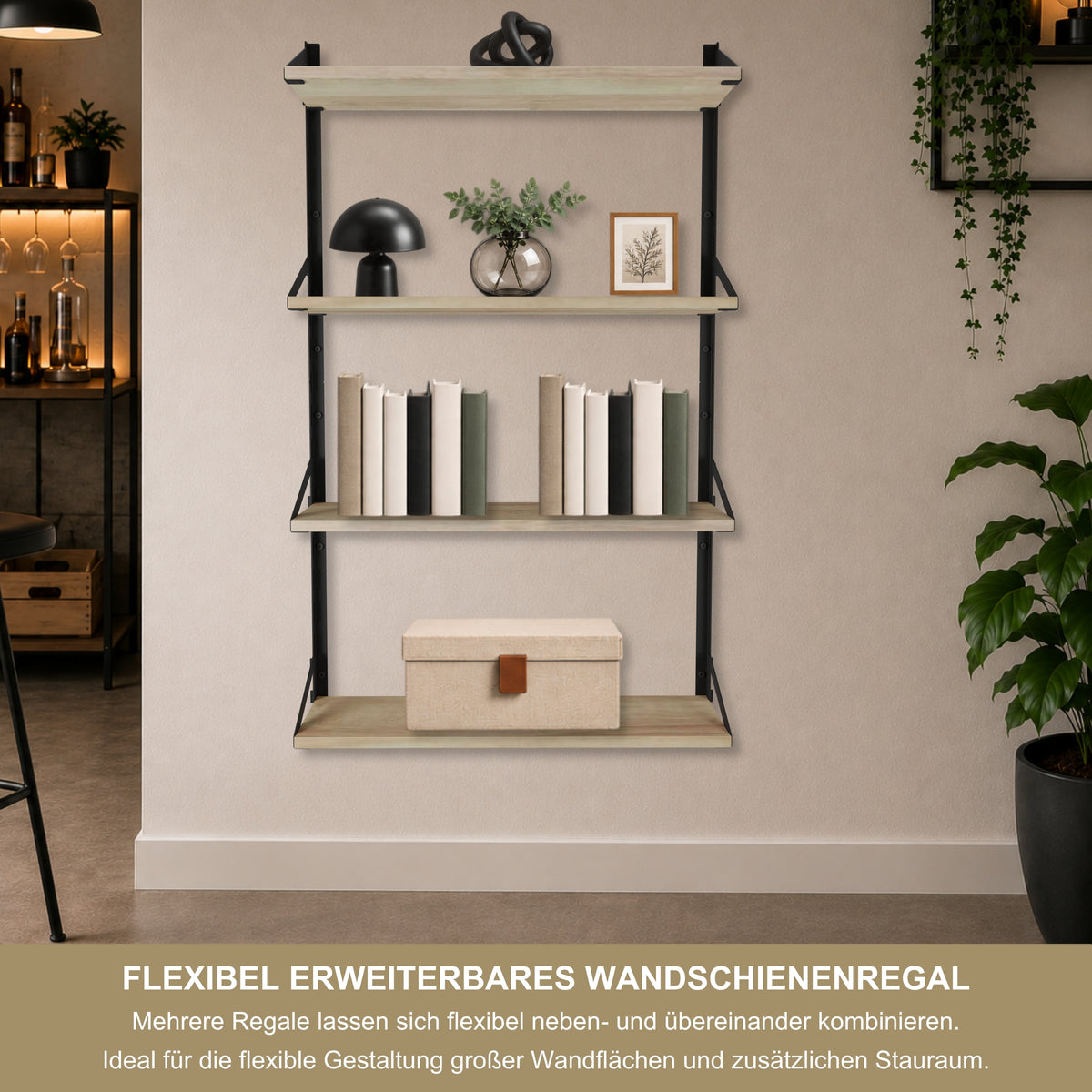 Wandregal 60 x 20 cm in Eiche – Modernes Wandschienenregal mit 2 Regalböden, bis 50 kg belastbar, höhenverstellbar und modular erweiterbar – Ideal für Wohnzimmer, Küche, Büro und Flur