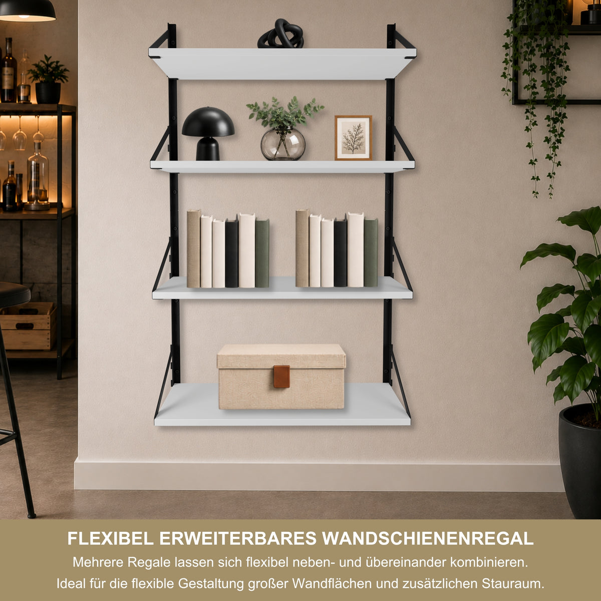 Wandregal 60 x 30 cm in Weiß – Modernes Wandschienenregal mit 2 Regalböden, bis 50 kg belastbar, höhenverstellbar und modular erweiterbar – Ideal für Wohnzimmer, Küche, Büro und Flur